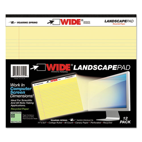 Roaring Spring Wide Landscape Format Writing Pad, Unpunched With Standard Back, Medium/college Rule, 40 Canary-yellow 11 X 9.5 S