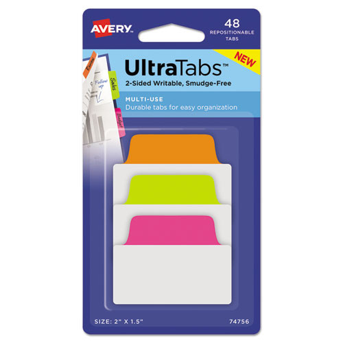 Avery Ultra Tabs Repositionable Standard Tabs, 1/5-cut Tabs, Assorted Neon, 2 Wide, 48/pack ( AVE74756 )