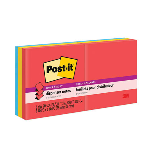 Post-it Dispenser Notes Super Sticky Pop-up 3 X 3 Note Refill, 3 X 3, Playful Primaries Collection Colors, 90 Sheets/pad, 6 Pa
