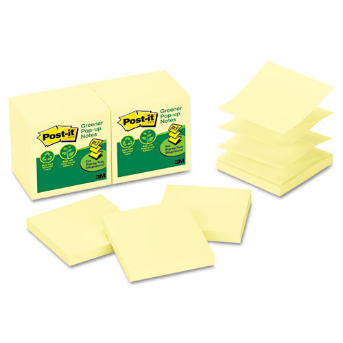 Post-it Greener Notes Original Recycled Pop-up Notes, 3 X 3, Canary Yellow, 100 Sheets/pad, 12 Pads/pack ( MMMR330RP12YW )