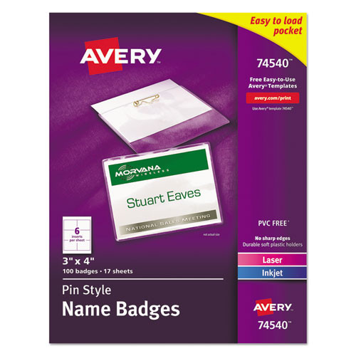 Avery Pin-style Badge Holder With Laser/inkjet Insert, Top Load, 4 X 3, White, 100/box ( AVE74540 )