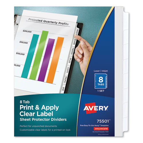 Avery Print And Apply Index Maker Clear Label Sheet Protector Dividers With White Tabs, 8-tab, 11 X 8.5, Clear, 1 Set ( AVE75501