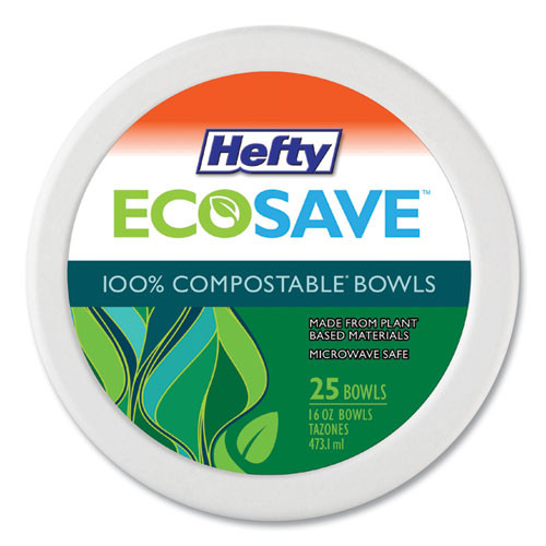 Hefty Ecosave Tableware, Bowl, Bagasse, 16 Oz, White, 25/pack, 12 Packs/carton ( RFPD71625 )