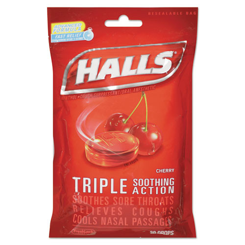 HALLS Triple Action Cough Drops, Cherry, 30/bag, 12 Bags/box ( CDB27499 )