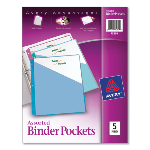 Avery Binder Pockets, 3-hole Punched, 9 1/4 X 11, Assorted Colors, 5/pack ( AVE75254 )