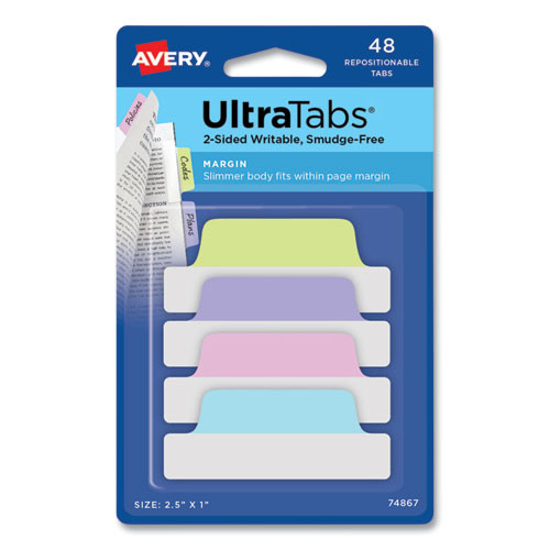 Avery Ultra Tabs Repositionable Margin Tabs, 1/5-cut Tabs, Assorted Pastels, 2.5 Wide, 48/pack ( AVE74867 )