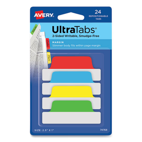 Avery Ultra Tabs Repositionable Margin Tabs, 1/5-cut Tabs, Assorted Primary Colors, 2.5 Wide, 24/pack ( AVE74768 )
