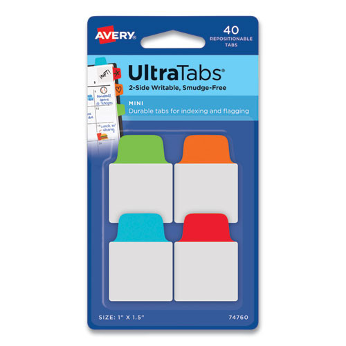 Avery Ultra Tabs Repositionable Mini Tabs, 1/5-cut Tabs, Assorted Primary Colors, 1 Wide, 40/pack ( AVE74760 )