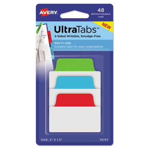 Avery Ultra Tabs Repositionable Standard Tabs, 1/5-cut Tabs, Assorted Primary Colors, 2 Wide, 48/pack ( AVE74757 )