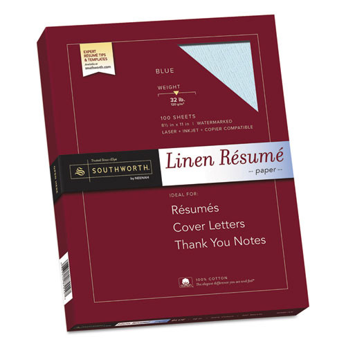Southworth 100% Cotton Premium Weight Linen Resume Paper, 32 Lb, 8.5 X 11, Blue, 100/pack ( SOURD18BCFLN )