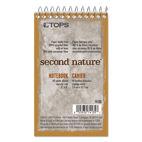 TOPS Second Nature Wirebound Notepads, Narrow Rule, Randomly Assorted Cover Colors, 50 White 3 X 5 Sheets ( TOP74135 )
