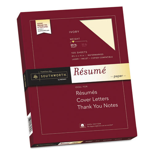 Southworth 100% Cotton Resume Paper, 24 Lb, 8.5 X 11, Ivory, 100/pack ( SOUR14ICF )