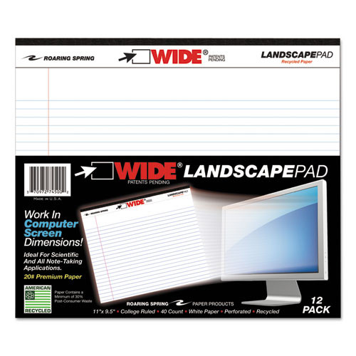 Roaring Spring Wide Landscape Format Writing Pad, Unpunched With Standard Back, Medium/college Rule, 40 White 11 X 9.5 Sheets ( 