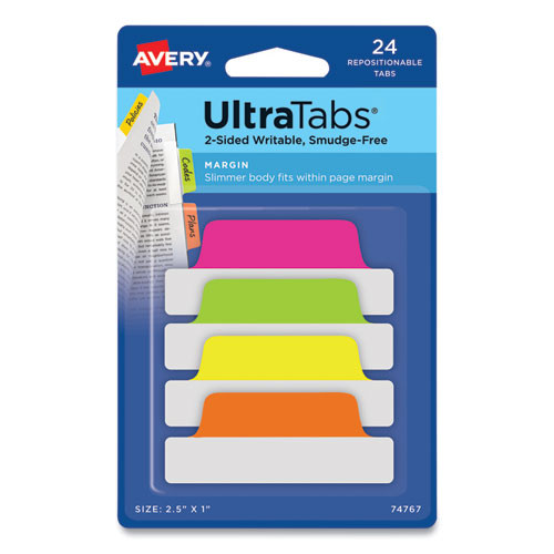 Avery Ultra Tabs Repositionable Margin Tabs, 1/5-cut Tabs, Assorted Neon, 2.5 Wide, 24/pack ( AVE74767 )